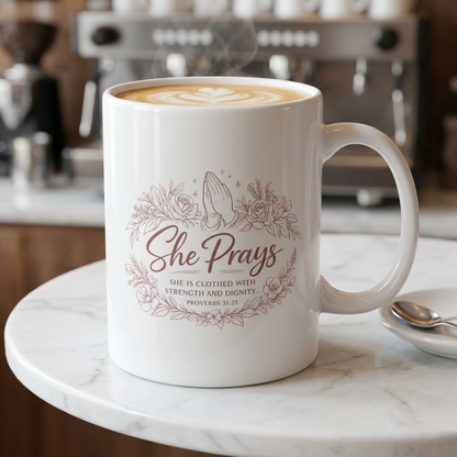 She Prays Mug | Proverbs 31:25